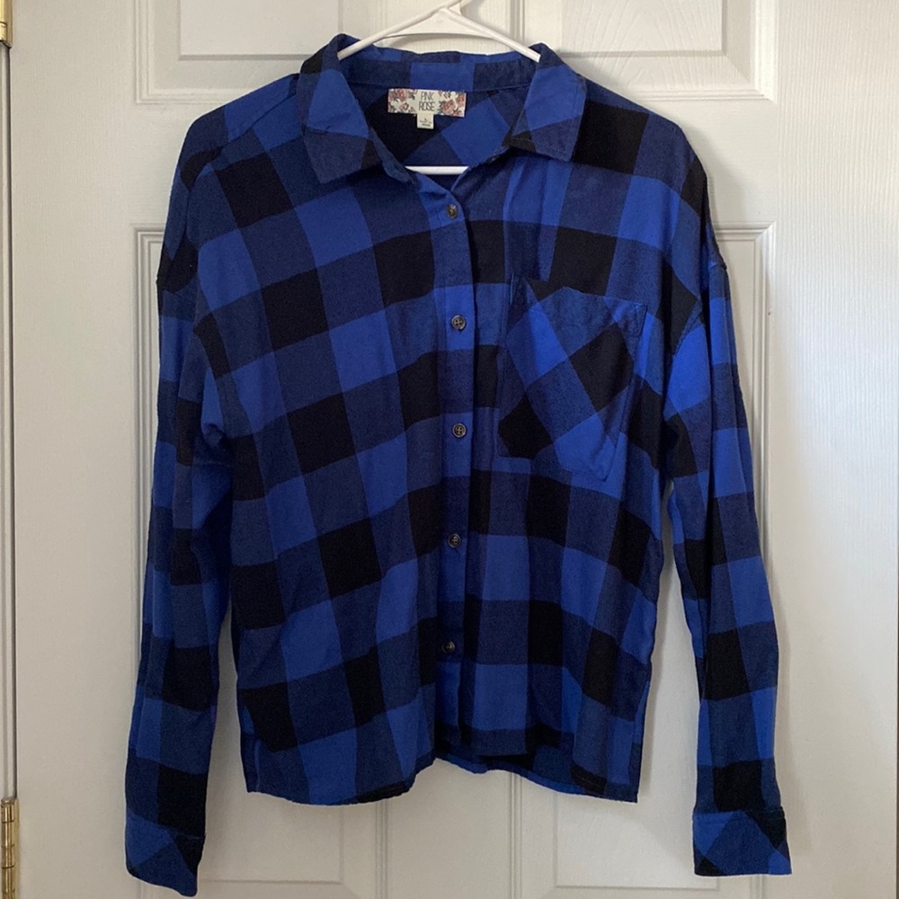 Large Pink Rose Plaid Button Down Flannel